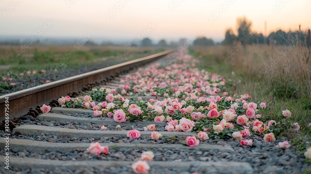 Aufkleber Romantic rose bouquets scattered along peaceful train tracks bathed in the soft golden glow of the setting sun creating a serene and tranquil scene