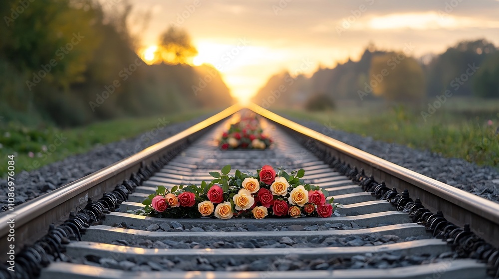 Poster bouquets of roses against the backdrop of railway tracks bathed in the warm glowing light of the gol