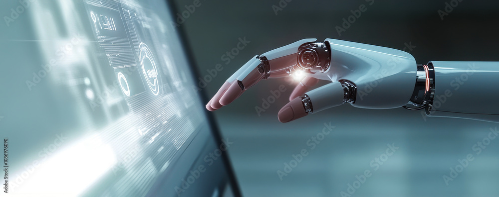 Poster ai robot interacting with digital interface for data exchange and machine learning