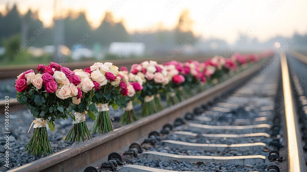Aufkleber Captivating railway tracks adorned with lush vibrant bouquets of roses set against a warm golden sunset glow creating a serene and enchanting scene