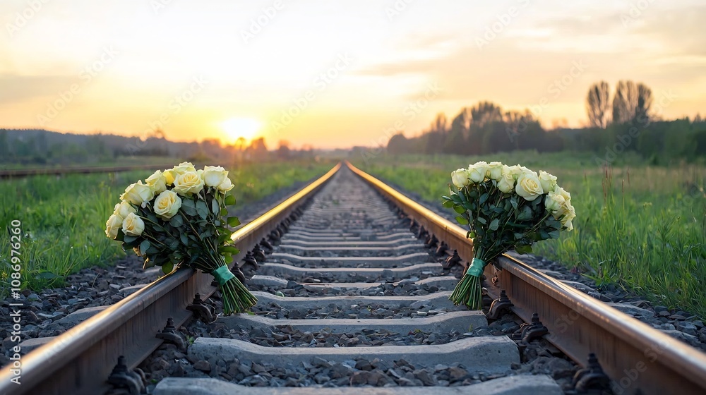 Aufkleber Warm sunset illumination casts a serene melancholic glow over large rose bouquets placed on tranquil railway tracks creating a contemplative nostalgic atmosphere