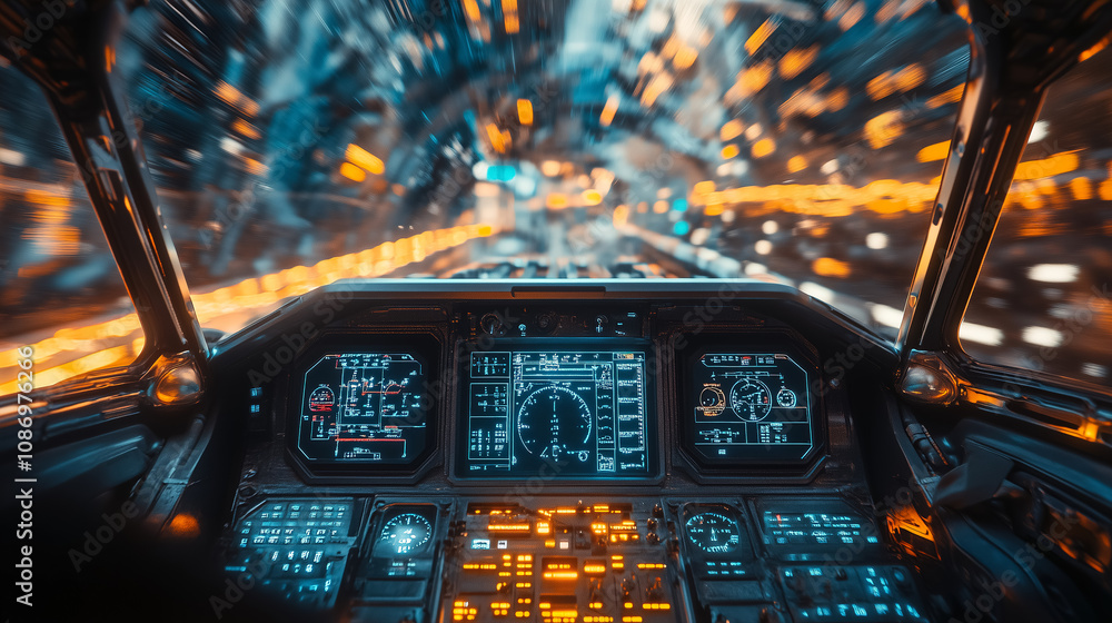 Aufkleber a futuristic cockpit view with vibrant lights and advanced displays during a high-speed space travel