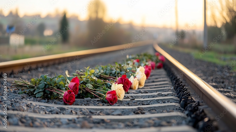 Aufkleber A peaceful and enchanting scene of vibrant rose bouquets resting on the serene train tracks with warm golden sunlight creating a beautiful contrast and a dream like atmosphere