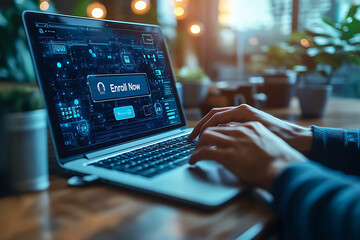 A person enrolling in an online course using a laptop, featuring a modern interface with a highlighted "Enroll Now" button, emphasizing digital education.
