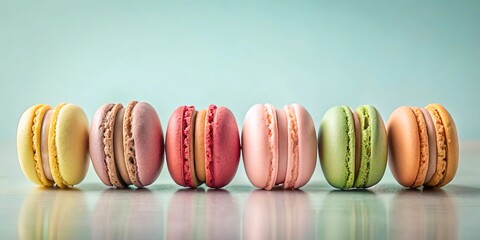Pastel-colored macarons arranged in a row on a table against a light-blue background