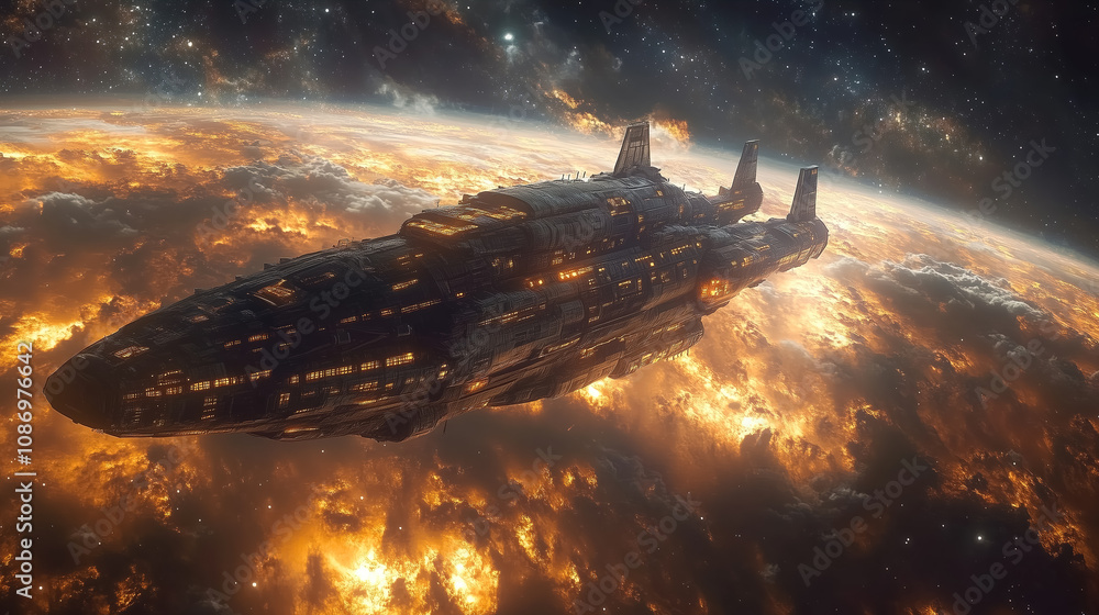 Poster a futuristic spaceship glides through colorful cosmic clouds near a burning planet in distant outer 