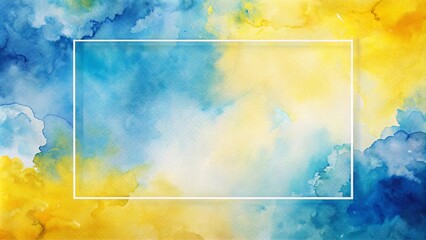 Abstract Blue and Yellow Watercolor Background with a White Frame for Text or Image
