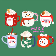 Christmas coffee and cacao drinks collection. Mugs of Cocoa with marshmallow, coffee with cream. Flat different hot beverages on a green background and pink inscription