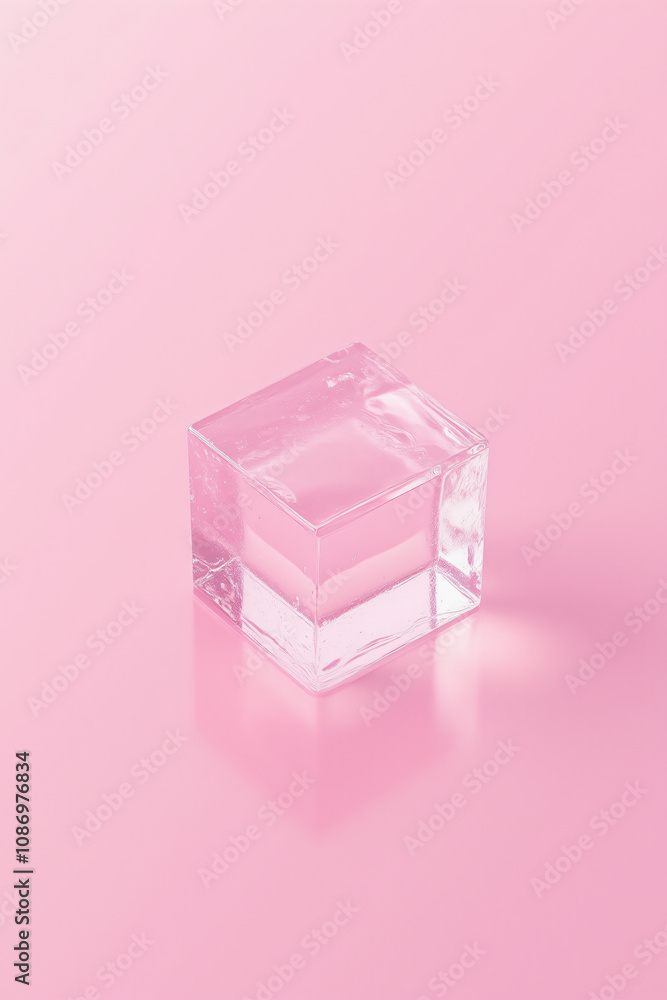 Aufkleber a transparent ice cube against a light pink background, reflecting soft light and creating a calming