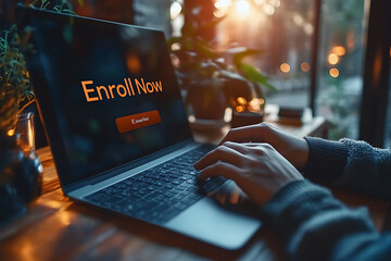 A person enrolling in an online course using a laptop, featuring a modern interface with a highlighted "Enroll Now" button, emphasizing digital education.

