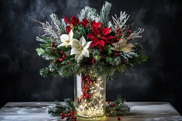 Christmas-themed floral arrangement in a tall glass vase with pine branches, mistletoe, and white lights submerged in the water