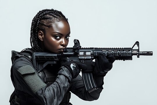 Confident female soldier holding assault rifle on white background