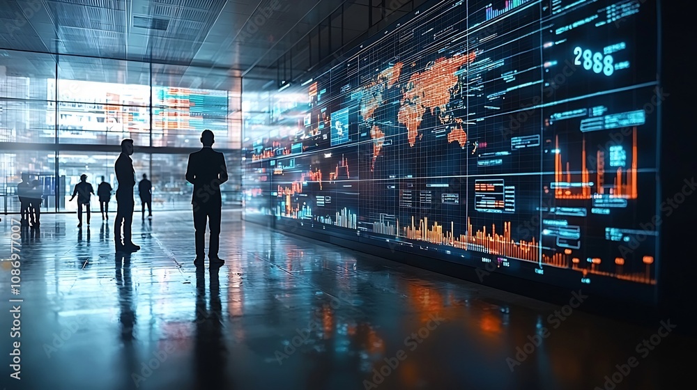 Aufkleber Silhouette figures of people looking back at an advanced global communication network featuring 3D data graphs interactive analysis tools and futuristic digital technology