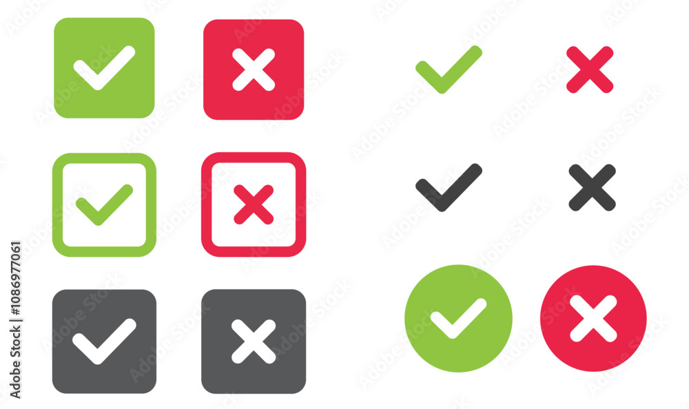 Poster check and wrong icons set of check marks. green tick, red cross, black tick and cross. yes or no - v