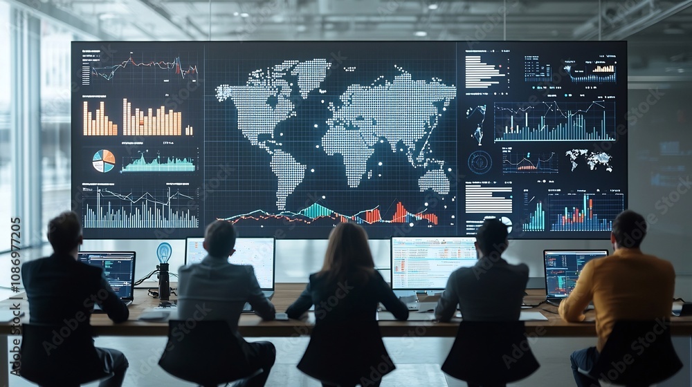 Aufkleber Silhouettes of people observing a global business network surrounded by interactive digital tools and 3D data charts representing data analytics financial strategy and technological innovation
