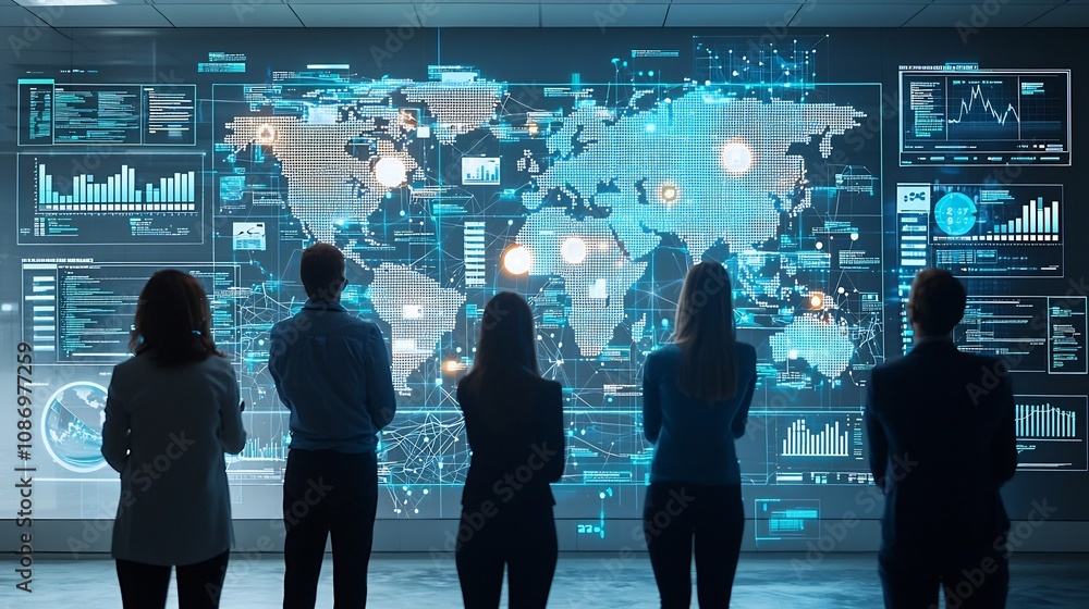 Aufkleber Silhouetted professionals observing a global business network surrounded by interactive digital tools and 3D data visualizations for data driven decision making and strategic planning