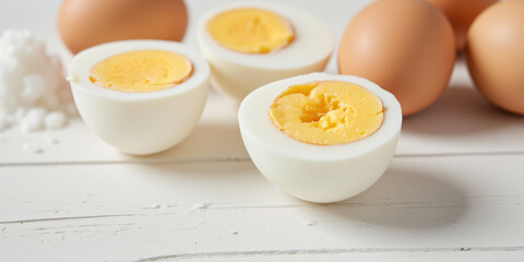 A view of cut boiled eggs on a wooden board with whole brown and white eggs nearby, accompanied by a sprinkle of salt for food photography.