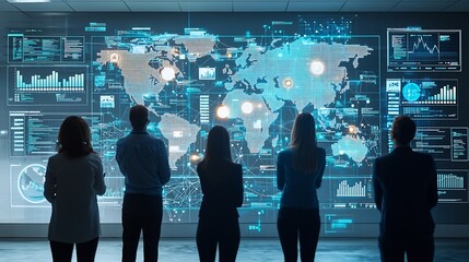 Silhouetted professionals observing a global business network surrounded by interactive digital tools and 3D data visualizations for data driven decision making and strategic planning