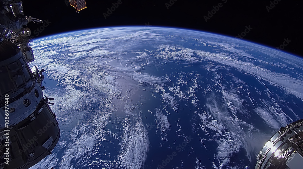 Poster stunning view of earth from space with visible clouds and satellites against the backdrop of a dark 