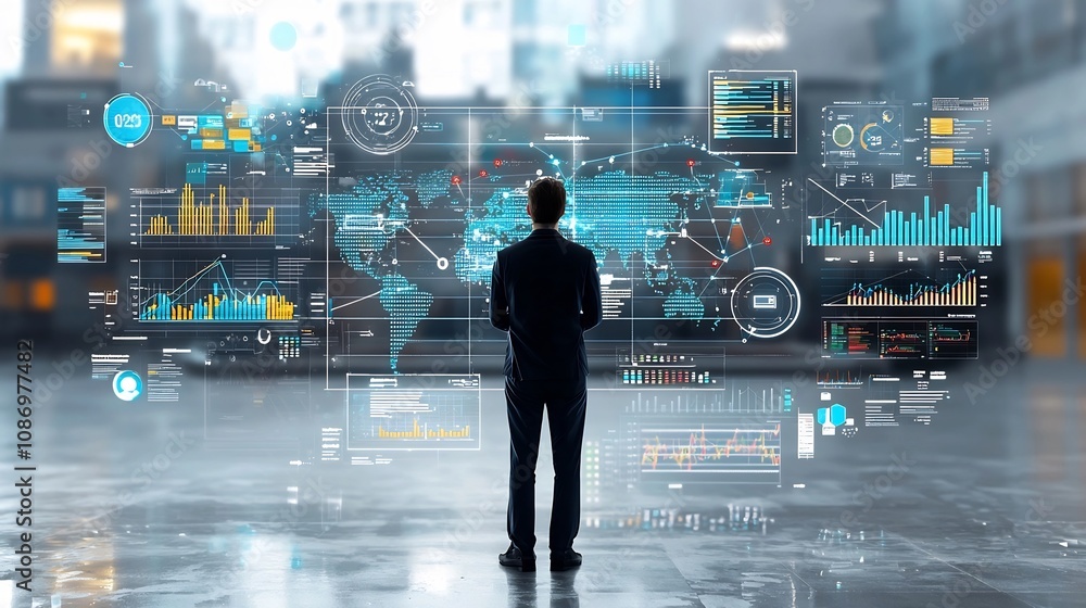 Leinwandbilder Silhouetted figures standing in front of an interconnected global data network with floating analytical charts and visualization tools for making strategic business decisions