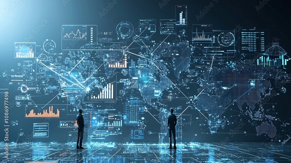 Aufkleber Silhouetted figures standing in front of an interconnected global network surrounded by floating data charts graphs and advanced analysis tools for strategic decision making and business intelligence
