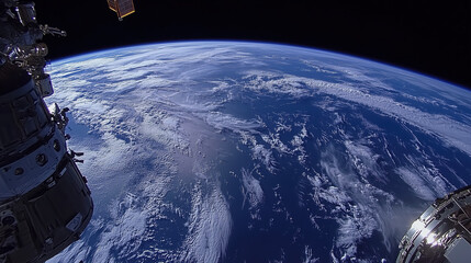 Stunning view of Earth from space with visible clouds and satellites against the backdrop of a dark universe. Generative AI