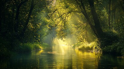Obraz premium Serene Forest Scene: Sunlight Streaming Through Lush Green Trees