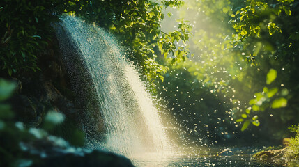 A tranquil scene of a waterfall cascading into a serene pool surrounded by lush greenery, with sunlight filtering through the trees for nature photography.