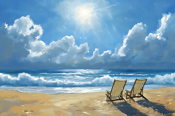 A beautiful beach scene with two sun loungers