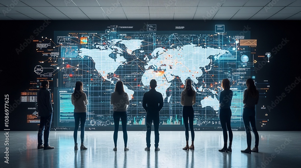 Poster Global Tech Network with 3D Data Nodes Graphs and Silhouetted Figures Facing Advanced Analysis and Visualization