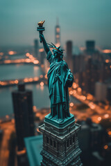  Statue of Liberty at Night with City Lights in Background