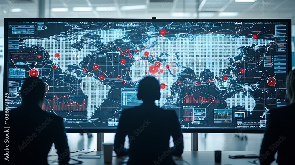 Aufkleber Silhouetted figures standing in front of a high tech global data network with 3D data visualization and interactive digital analysis elements creating a futuristic and innovative scene