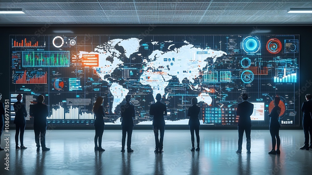 Aufkleber Silhouetted figures silently observing a complex global network with 3D data visualization and interactive digital analysis elements representing technology information and business intelligence