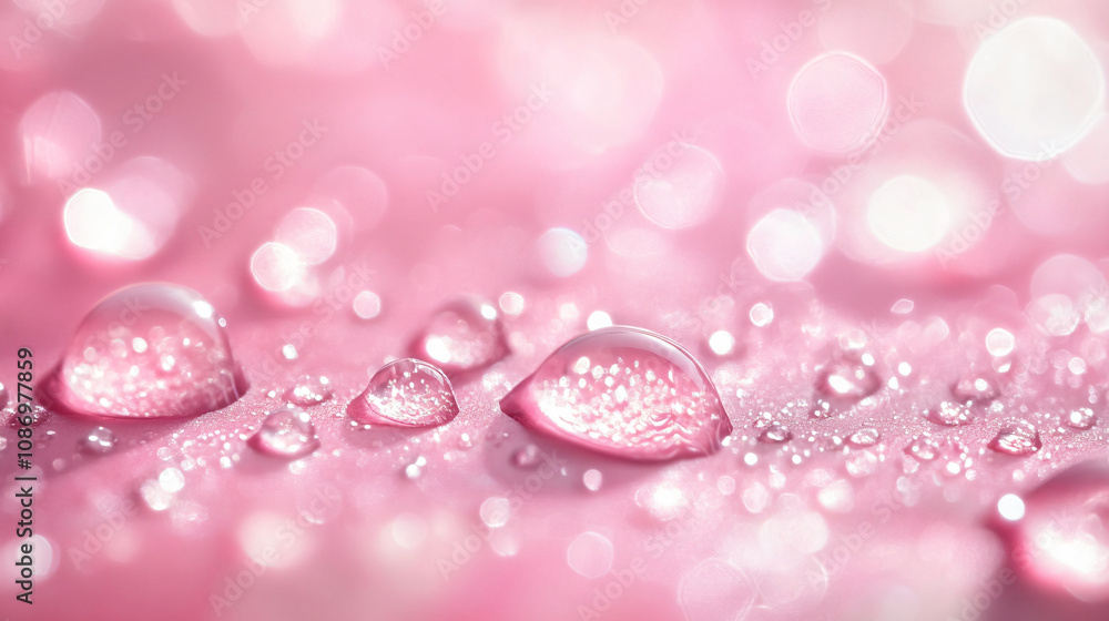 Poster a close-up of pink droplets resting on a surface, creating a dreamy and soft aesthetic with a bokeh 