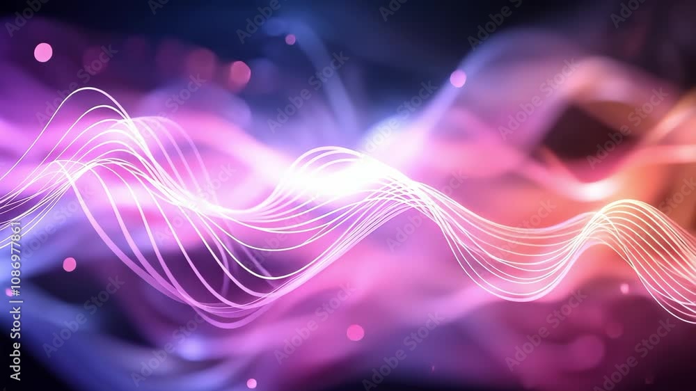 Poster a colorful abstract design featuring flowing lines and waves in shades of pink, purple, and blue, cr