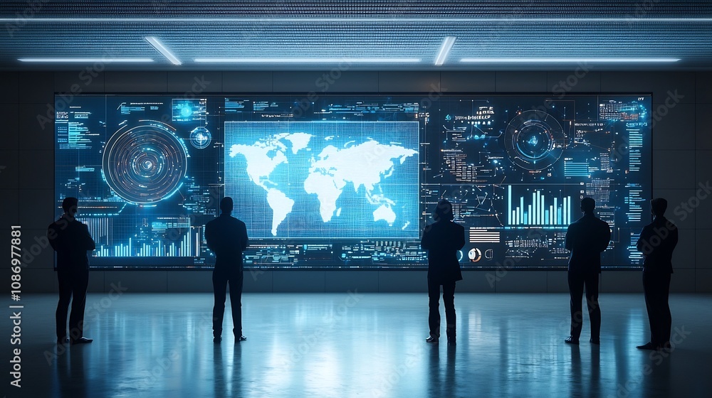 Aufkleber Silhouetted human figures observing a high tech global network with 3D data visualization and interactive digital analysis elements on a futuristic technology screen