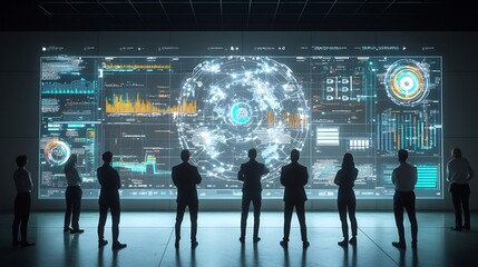 Silhouetted figures observing a high tech global network with interactive 3D data visualization and digital analysis elements in a futuristic modern landscape scene
