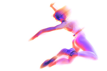 Contemporary art collage. Female dancer captured mid-air in graceful leap, wearing bright activewear with colorful neon and motion blur effect. Concept of fashion and style, modern lifestyle. Ad