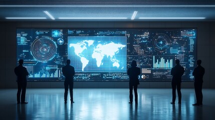 Silhouetted human figures observing a high tech global network with 3D data visualization and interactive digital analysis elements on a futuristic technology screen