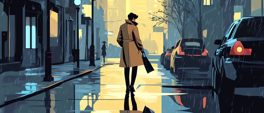 Person walking in city during rainy evening.