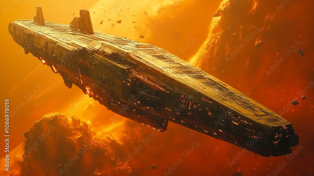 Poster a futuristic spaceship navigates through an orange nebula in deep space during an interstellar missi