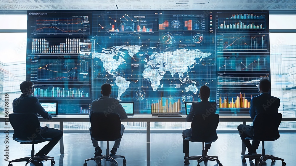 Poster Silhouetted figures observing an advanced global network with interactive 3D data analytics and digital charts representing the future of technology and data driven decision making