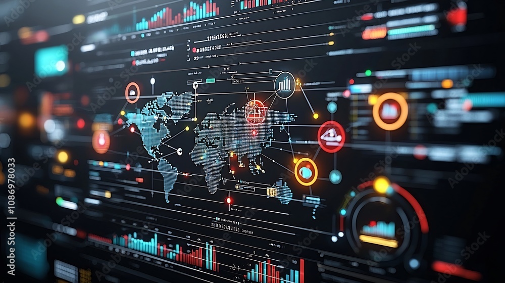 Aufkleber Silhouetted business professionals observing a global interconnected network with 3D data charts analytics tools and modern visualization for strategy decision making and business transformation