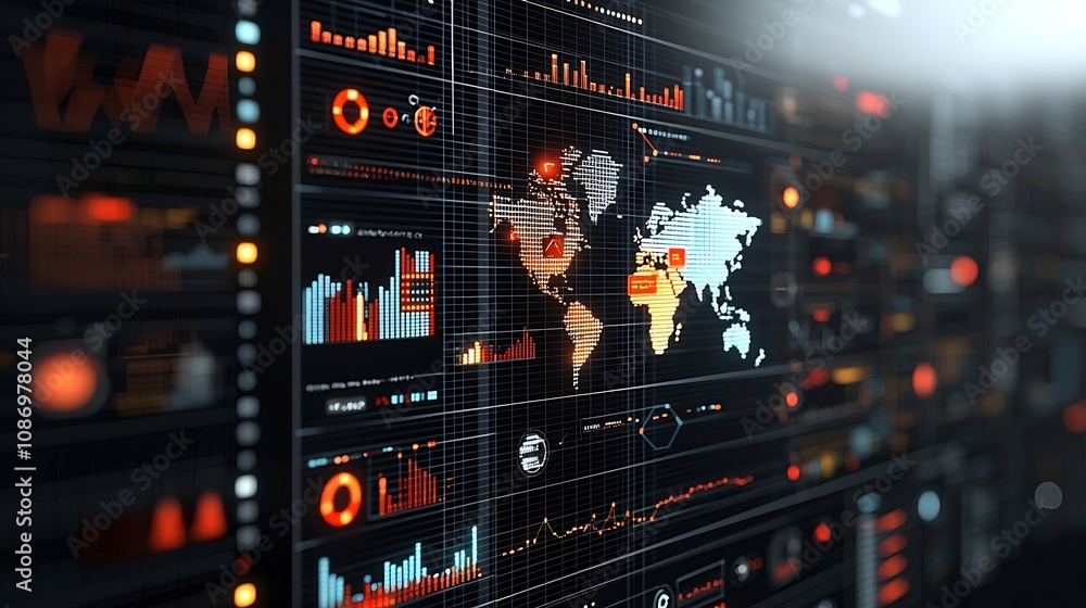 Aufkleber Silhouettes of business professionals observing an interconnected global network with 3D data visualization charts analysis tools
