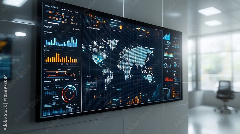 Poster Silhouetted Figures Observing a Global Business Network with Interconnected Nodes 3D Data Charts and Modern Analytics Tools for Monitoring and Analyzing Performance Trends and Insights