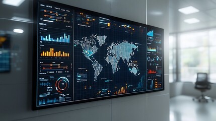 Silhouetted Figures Observing a Global Business Network with Interconnected Nodes 3D Data Charts and Modern Analytics Tools for Monitoring and Analyzing Performance Trends and Insights