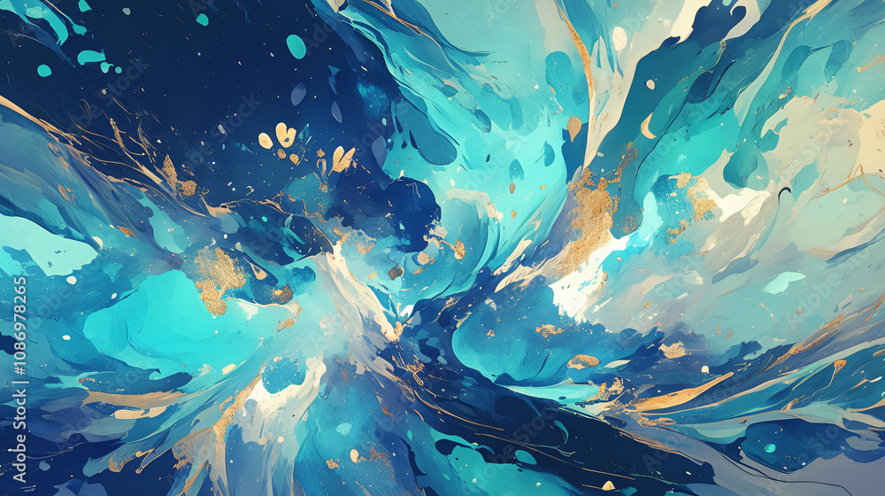 Poster a dynamic abstract painting featuring a swirl of blue and turquoise hues interspersed with golden sp