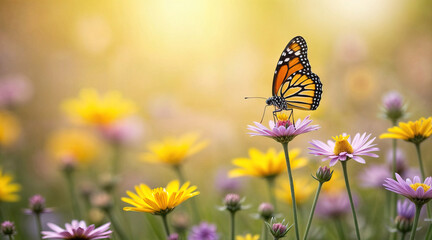 Banner of spring, summer season. A macro photo of field of colorful flower and butterfly in a meadow, rays of sunlight in summer or the spring. An artistic image with a soft focus, beautiful bokeh
