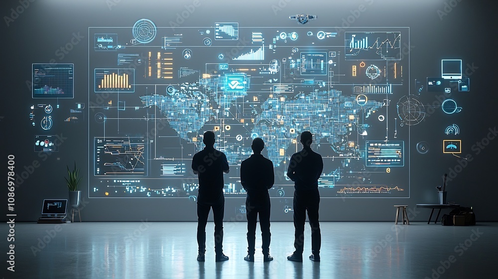 Poster Silhouetted individuals standing in front of a global communications network with floating 3D data visualizations and digital tools representing the power of technology data