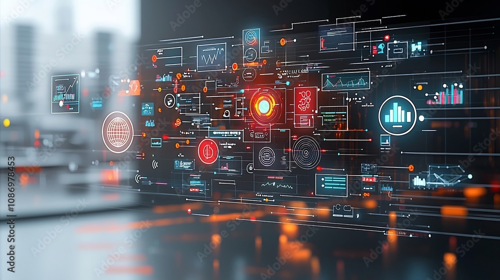 Poster Silhouettes of people observing and analyzing a digital business network with data visualization elements such as 3D graphs interactive analysis tools and floating information nodes